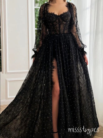 Black Alluring Full Sleeve Sweetheart Long A-Line Fashion Prom Dresses,ZX113