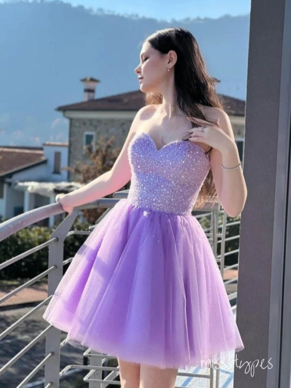 Purple Vintage Beaded Strapless Tulle A-Line Mini New Arrival Homecoming Dresses,HM177