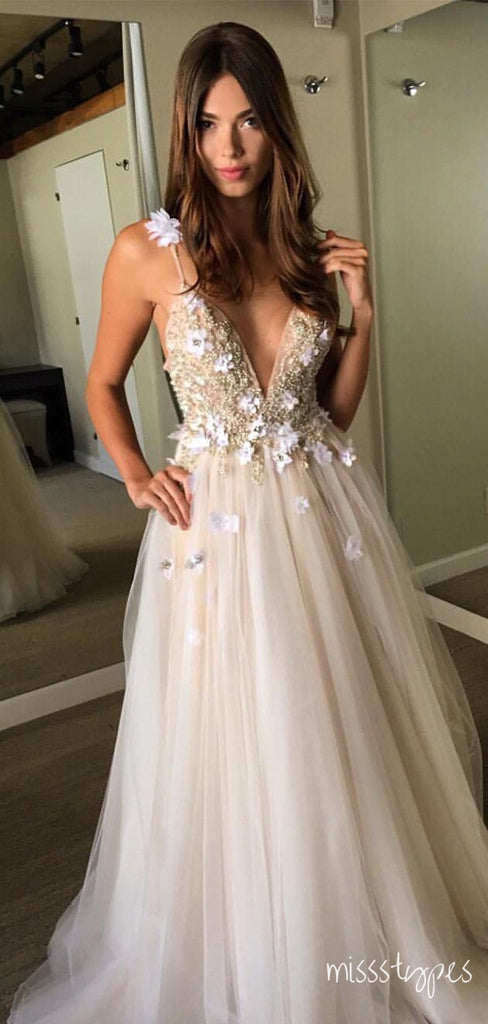 Sexy Women V-Neck Spaghetti Strap Flower Long Tulle Wedding Dresses HS47