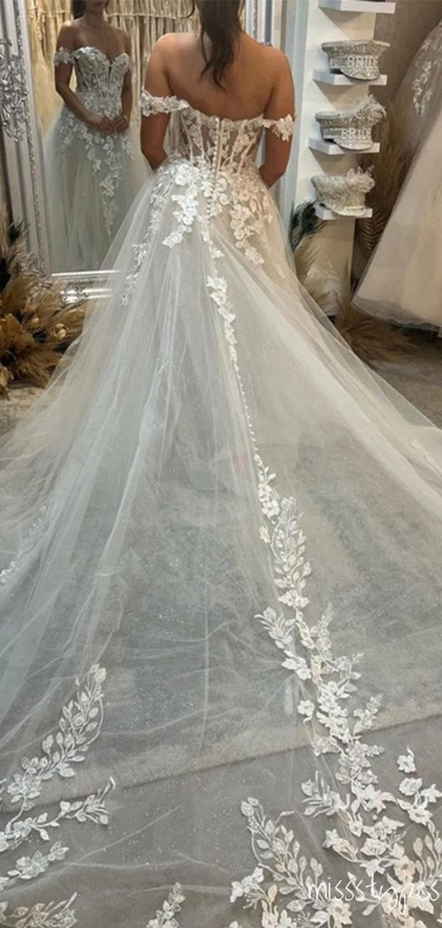 Gorgeous White Off Shoulder Appliqued Flower Sweep Trailing Long Mermaid Wedding Dresses HS56