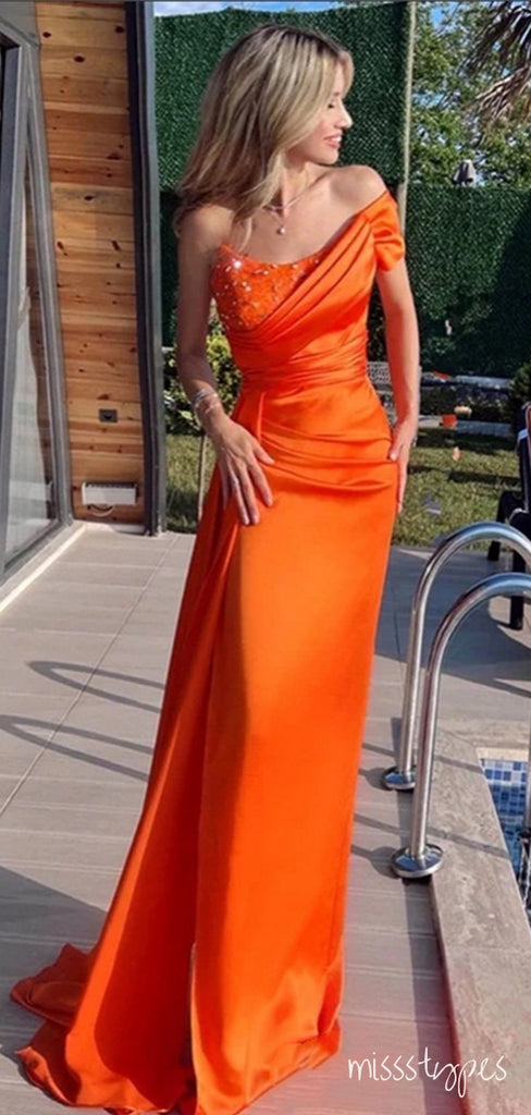 Orange Beading Sweetheart Strapless Pleat Floor-Length Fashion Prom Dresses,ZX142