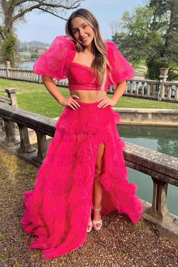 Gorgeous Hot Pink A-line Two Pieces Long Prom Dress Ideas, Evening Party Dresses,ZX493