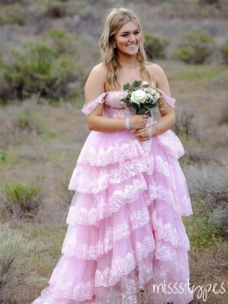 Cute Pink Lace Off Shoulder A-Line With Tail Long Prom Dresses ZX16