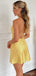 Beautiful Yellow Spaghetti Strap Backless Cowl Mini Homecoming Dresses, HM30