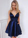 Elegant Regency Blue Spaghetti Strap V-Neck Women Mini Party Homecoming Dresses,HM220