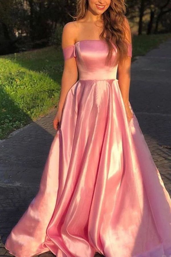 Pretty Pink A-line Off Shoulder Maxi Long Prom Evening Party Dresses,ZX408