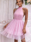 Cute Pink Tulle Halter Backless Fashion Mini Homecoming Dresses, HM65