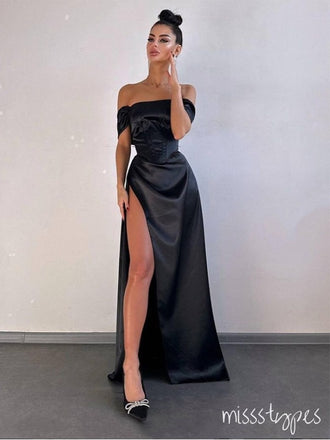Soft Satin Sexy Women Off Shoulder Side Slit Mermaid Prom Dresses,ZX65