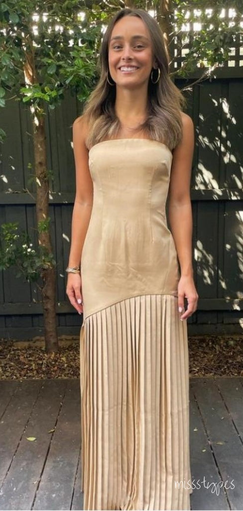 Designed Champagne Strapless Pleat Satin Tea-Length Long Prom Evening Dress,ZX318