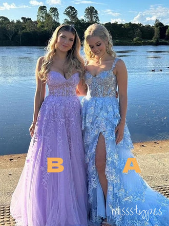 Mismatched V-Neck Spaghetti Strap Mermaid Tulle Appliqued Floor-Length Prom Dresses,ZX60