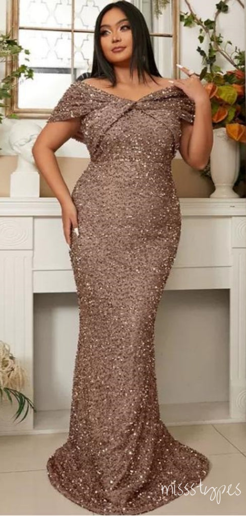 Alluring Sliver Sequin Off Shoulder Mermaid Long Prom Evening Dress,ZX319