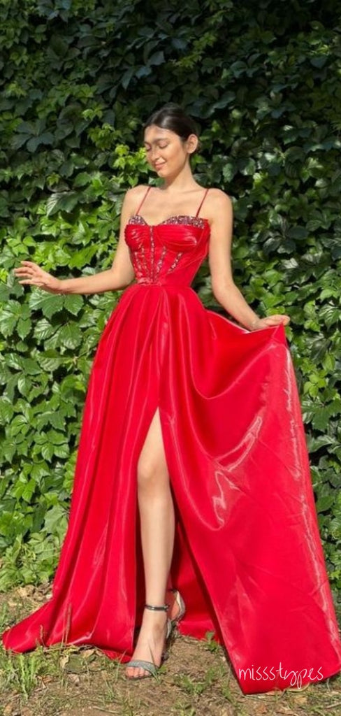 Sexy Red Beading Spaghetti Strap Side Slit Mermaid Long Prom Evening Dress,ZX320