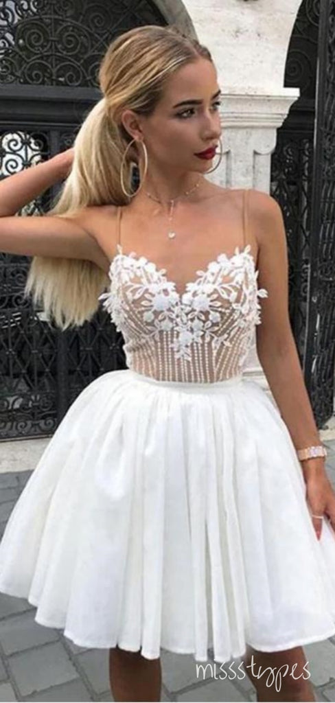 White Beautiful Spaghetti Strap Beaded A-Line Women Mini Party Homecoming Dresses,HM213