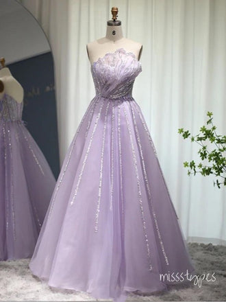 A-Line Purple Scalloped Sparkly Long Women Evening Prom Evening Dress,ZX237