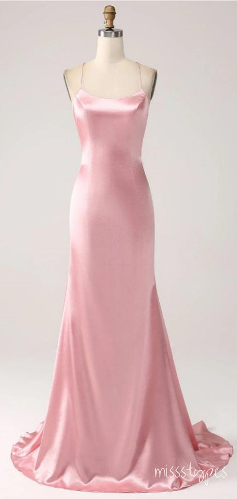Soft Satin Pink Mermaid Criss-Cross Floor-Length Fashion Prom Dresses,ZX172