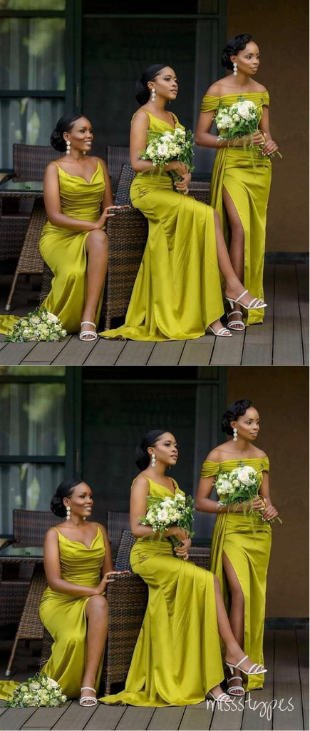 Yellow Soft Satin Side Slit Mismatched New Pretty Women Bridesmaid Dresses Online, BL121