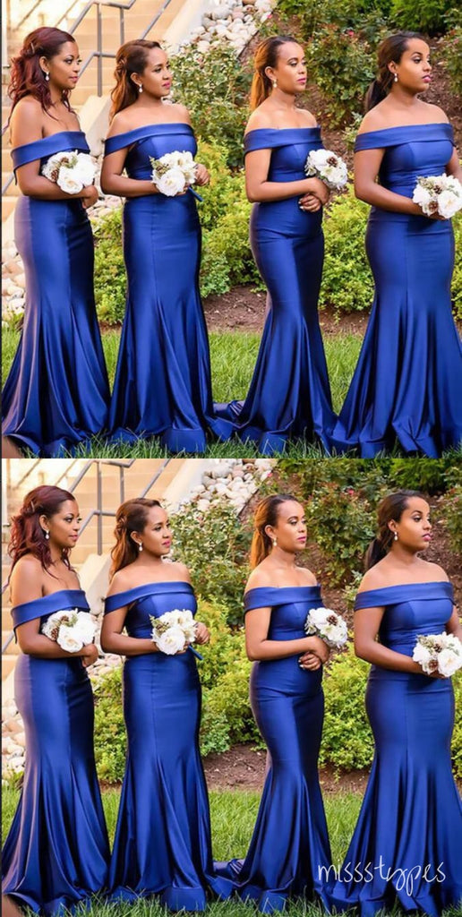 Mermaid Regency Blue Off Shoulder Bodycon Women Floor-Length Bridesmaid Dresses Online, BL156