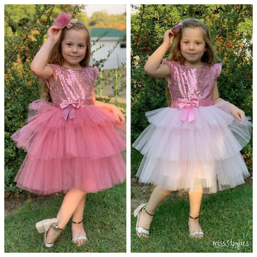 Lovely Round-Neck Pink Tulle Sequin Bow Mini A-Line Flower Girl Dresses, ET09