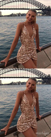 Champagne Sexy Sheath Spaghetti Straps Deep V-neck Short Prom Homecoming Dresses,HM94