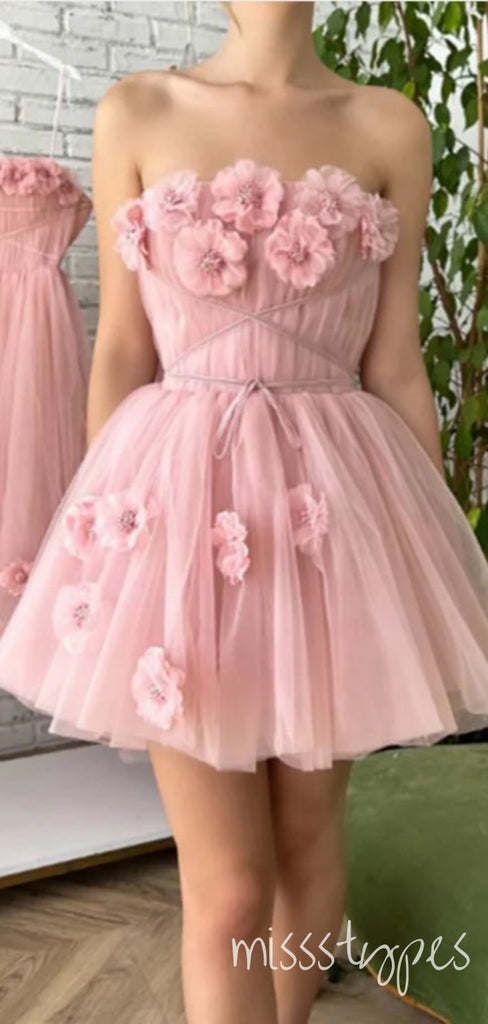 Pearl Pink Strapless Tulle Flower Appliqued Mini New Arrival Homecoming Dresses,HM175