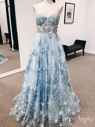 Blue Princess Sweetheart Spaghetti Strap Appliqued Floor-Length Mermaid Prom Dresses,ZX69
