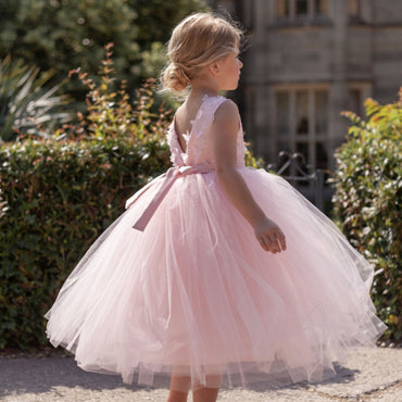 Beautiful Backless Pink A-Line Ball Gown Tulle Flower Girl Dresses, ET15