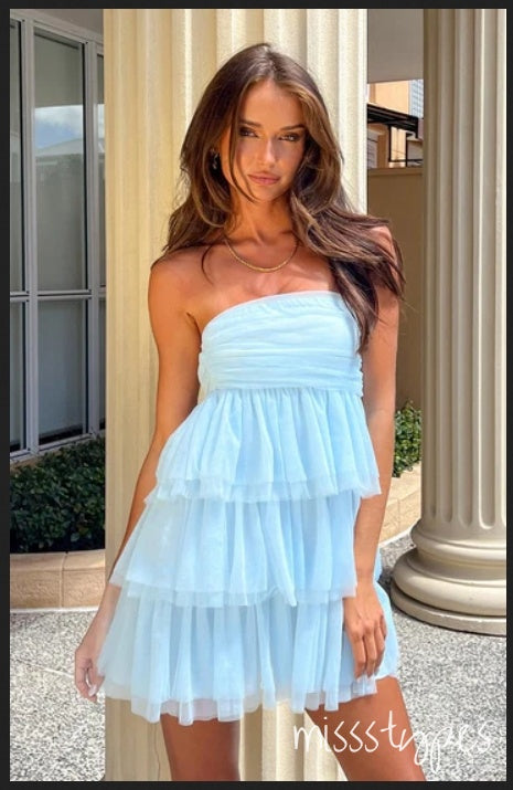 Simple Mint-Blue Tulle Short Strapless Mini Homecoming Dresses, HM15