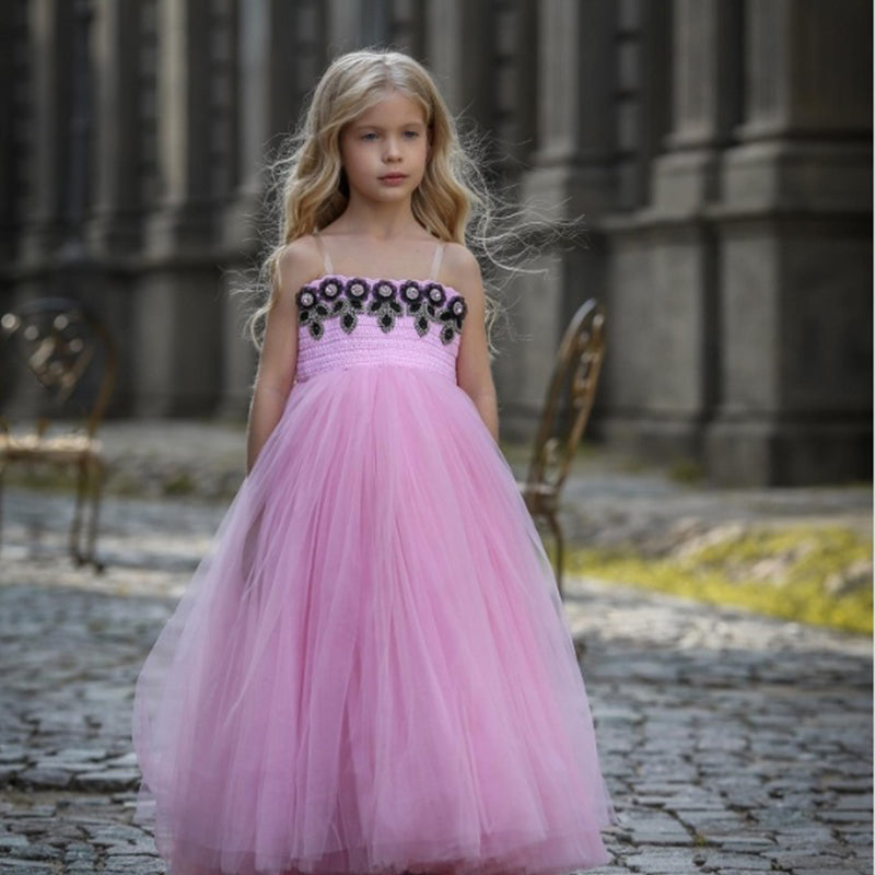 Hot-Pink Black Lace Spaghetti Strap Long A-Line Flower Girl Dresses, ET11