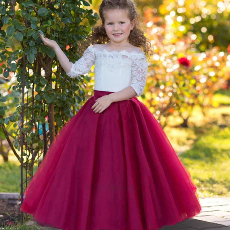 Vintage Red Lace Full-Sleeve Word Shoulder A-Line Flower Girl Dresses, ET12