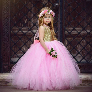 Lovely Tulle Print A-line Long With Bow Flower Girl Dresses, ET01