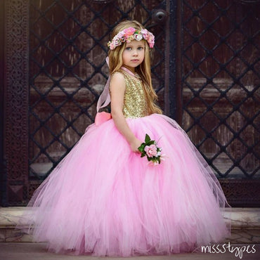 Lovely Tulle Print A-line Long With Bow Flower Girl Dresses, ET01