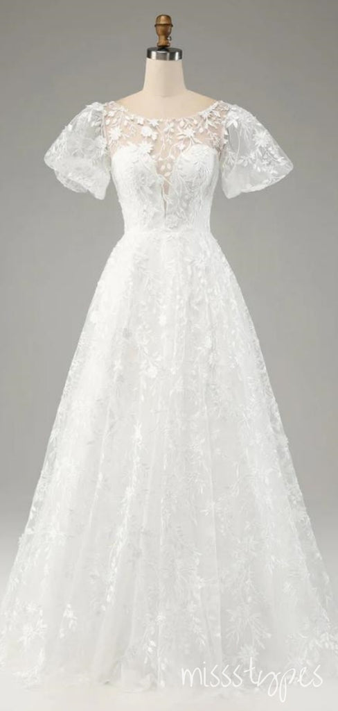 White Half Sleeve Round-Neck Sweetheart A-Line Fashion Wedding Dresses,HS81