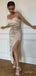 Side Slit Champagne Spaghetti Strap Simple Evening Prom Evening Dress,ZX216