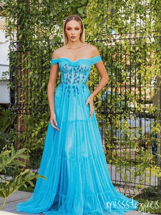 Women Simple Spa-Blue Off Shoulder A-Line Appliqued Tulle Long Prom Dresses,ZX56