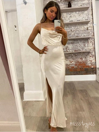 Ivory Pretty Cowl Spaghetti Strap Side Slit Long Prom Evening Dress,ZX358