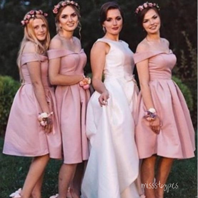 Simple Pearl Pink Off Shoulder Tea-Length Women Bridesmaid Dresses Online, BL110