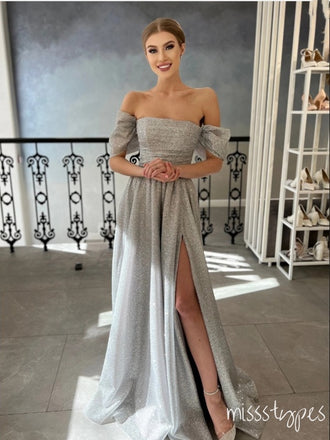 Women Sliver Off Shoulder Straight Across Side Slit Long Mermaid Prom Dresses,ZX85
