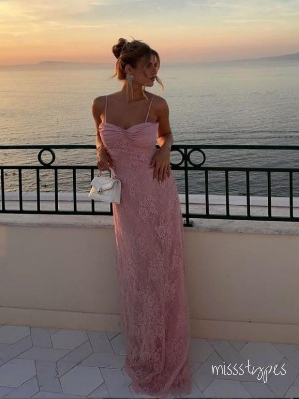 Women Pink Spaghetti Strap Sheath Lace Mermaid Long Prom Evening Dress,ZX311