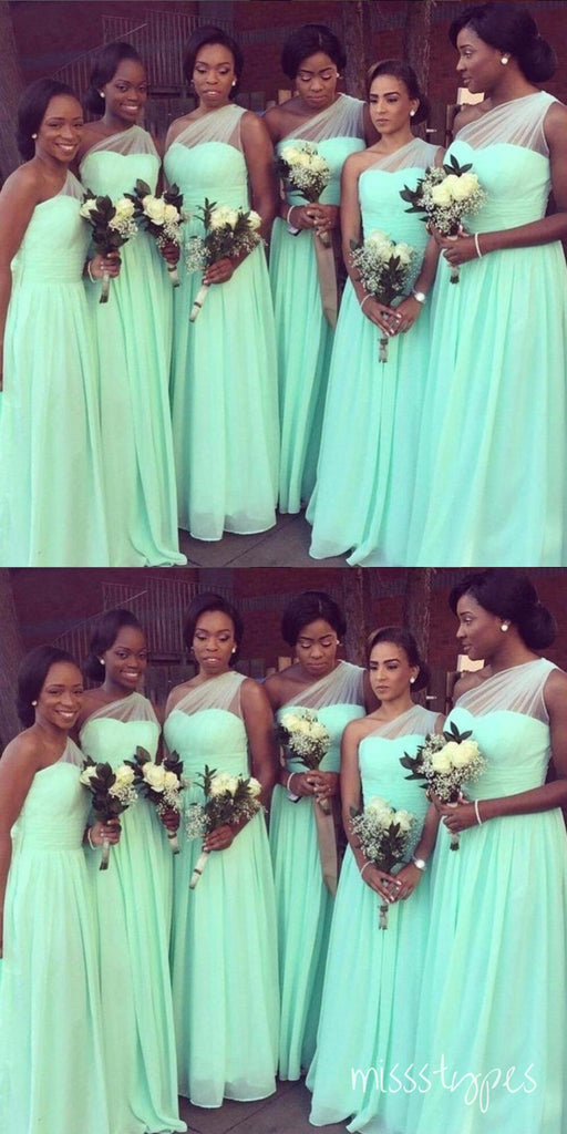 Pretty Mint-Green One Shoulder Tulle A-Line Floor-Length Bridesmaid Dresses Online, BL175