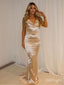 Vintage Champagne Cowl Spaghetti Strap Mermaid Floor-Length Long Prom Evening Dress,ZX370