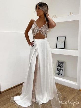 Women Elegant Beaded Satin White Side Slit Sweetheart Mermaid Long Prom Evening Dress,ZX316