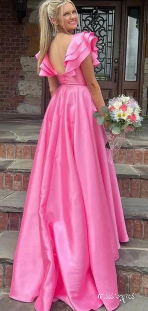 Rose Red Ruffle V-Neck Long Front Slit Satin Evening Prom Evening Dress,ZX205