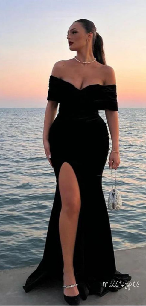 Gorgeous Black Off Shoulder Mermaid Side Slit Long Prom Evening Dress,ZX258