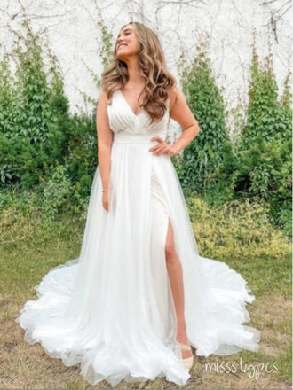Elegant White Tulle Sweetheart Side Slit Long Prom Evening Dress,ZX298