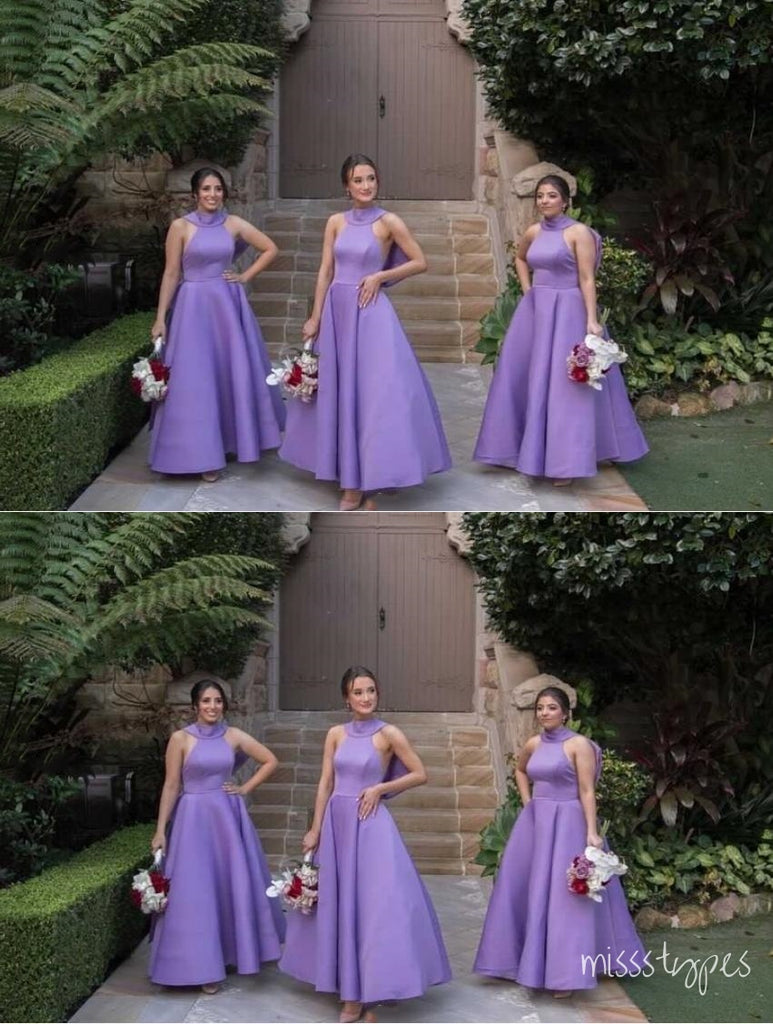 Purple Halter A-Line Women Simple Floor-Length Bridesmaid Dresses Online, BL52