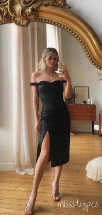 Sexy Black Side Slit Off Shoulder Mermaid Tea-Length Long Prom Evening Dress,ZX325