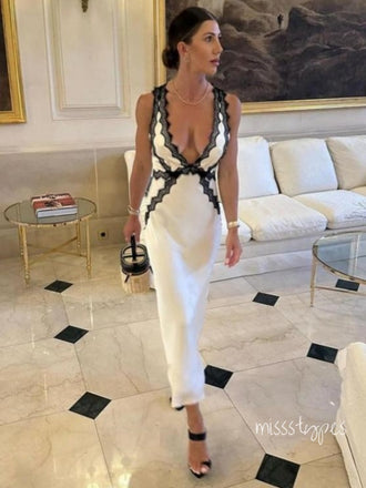 Pretty New Spaghetti Strap V-Neck White Tea-Length Mermaid Long Prom Evening Dress,ZX279
