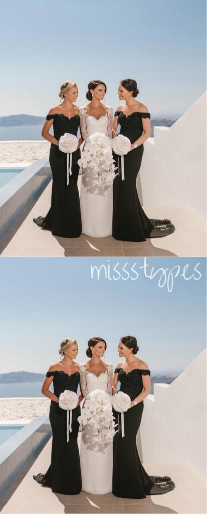 Regency Black Off Shoulder Mermaid With Trailing Bridesmaid Dresses Online, BL80