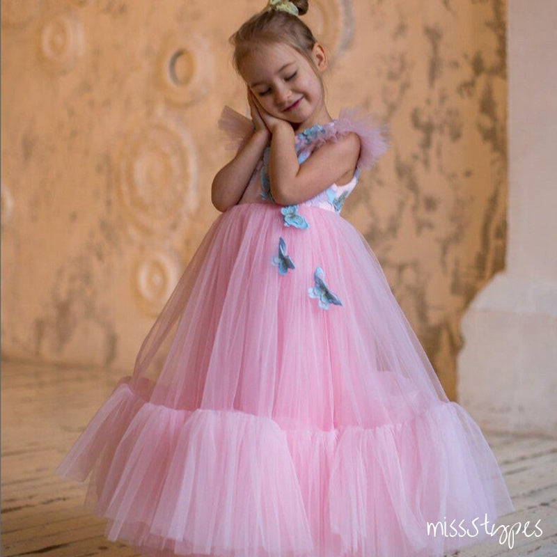 Cute Pink A-Line Blue Bow Appliqued Tulle Flower Girl Dresses, ET14