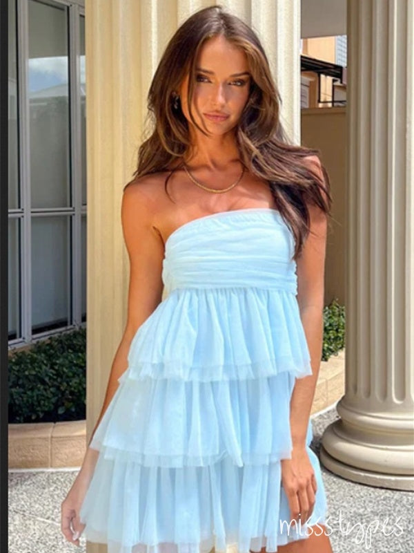 Simple Mint-Blue Tulle Short Strapless Mini Homecoming Dresses, HM15